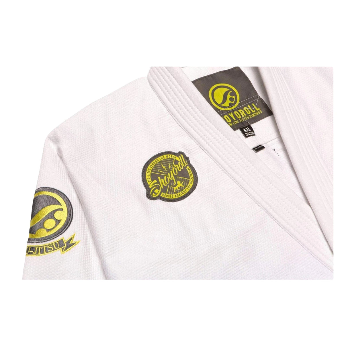 Shoyoroll Cut Batch 75 SIX BJJ Gi jacket close-up with collar and embroidered branding