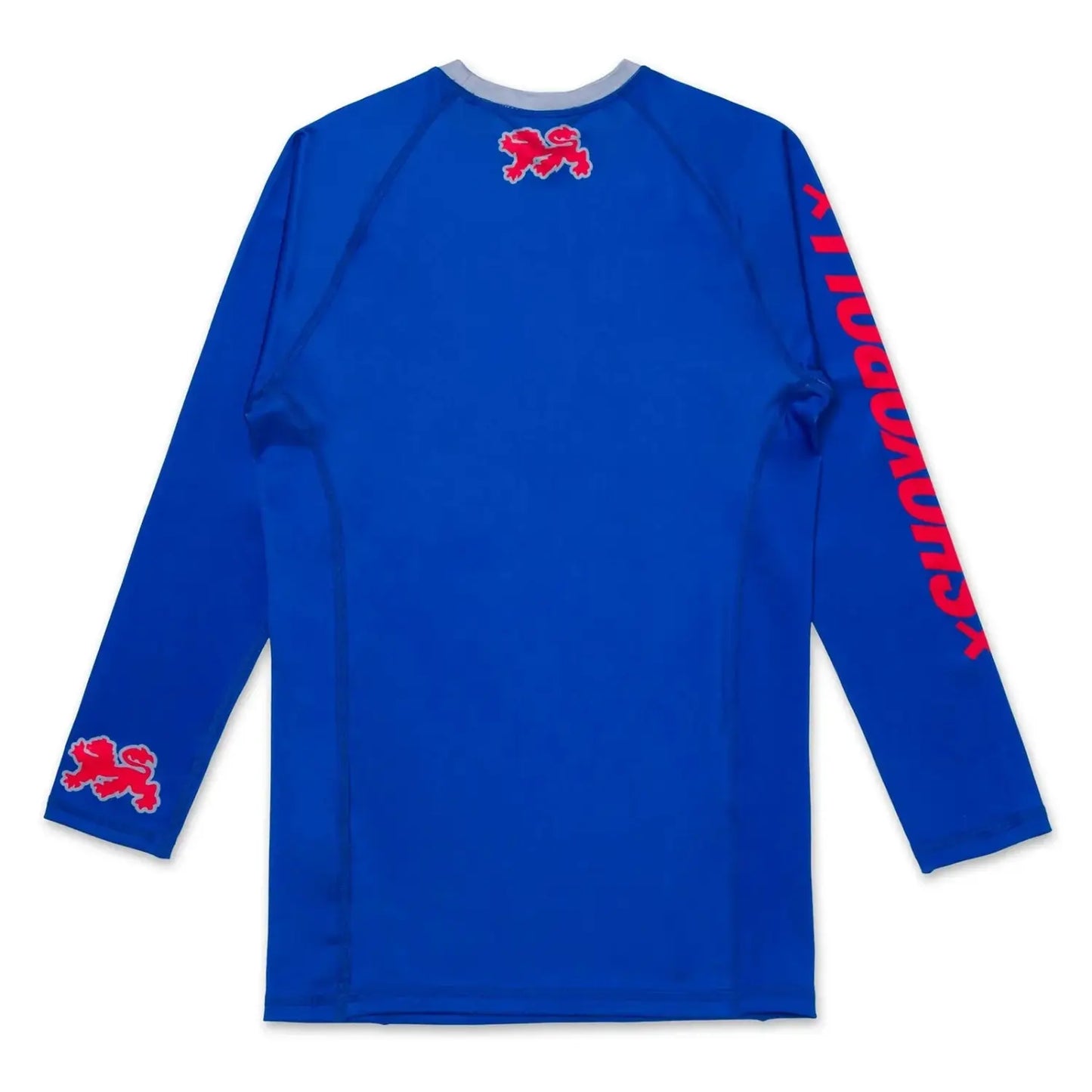 Shoyoroll Retro BJJ Rash Guard Batch 145 SuperLite back view in blue with red lion graphics