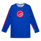 Shoyoroll Retro BJJ Rash Guard Batch 145 SuperLite front view in blue with red and silver graphics