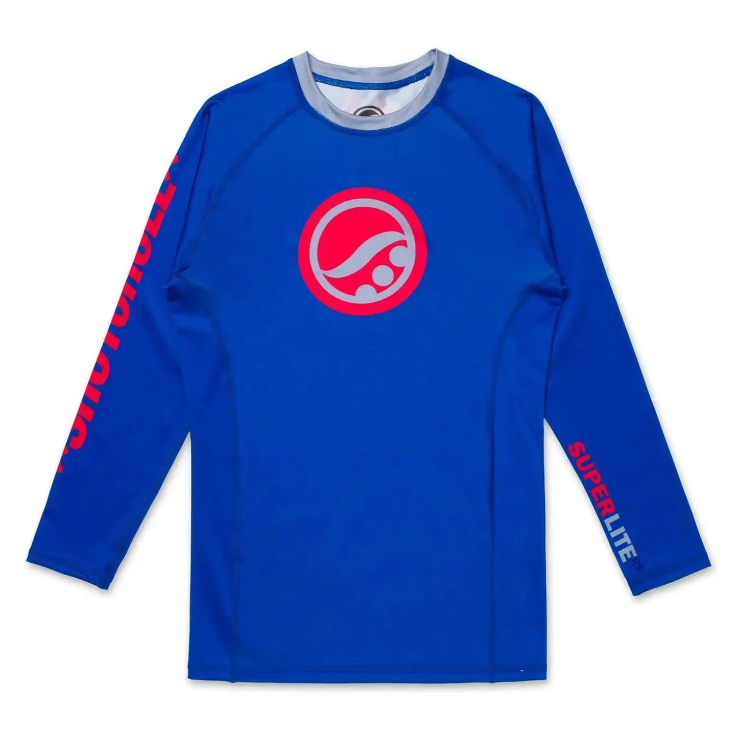 Shoyoroll Retro BJJ Rash Guard Batch 145 SuperLite front view in blue with red and silver graphics