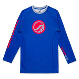 Shoyoroll Retro BJJ Rash Guard Batch 145 SuperLite front view in blue with red and silver graphics