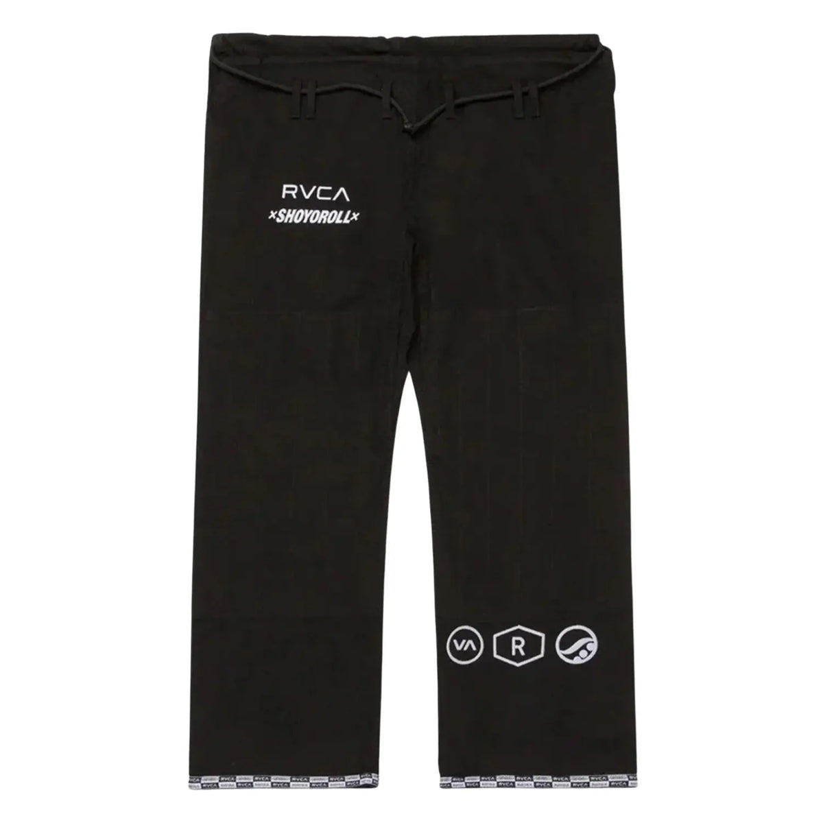 Shoyoroll RVCA x Roots black BJJ Gi pants front view with branded waistband
