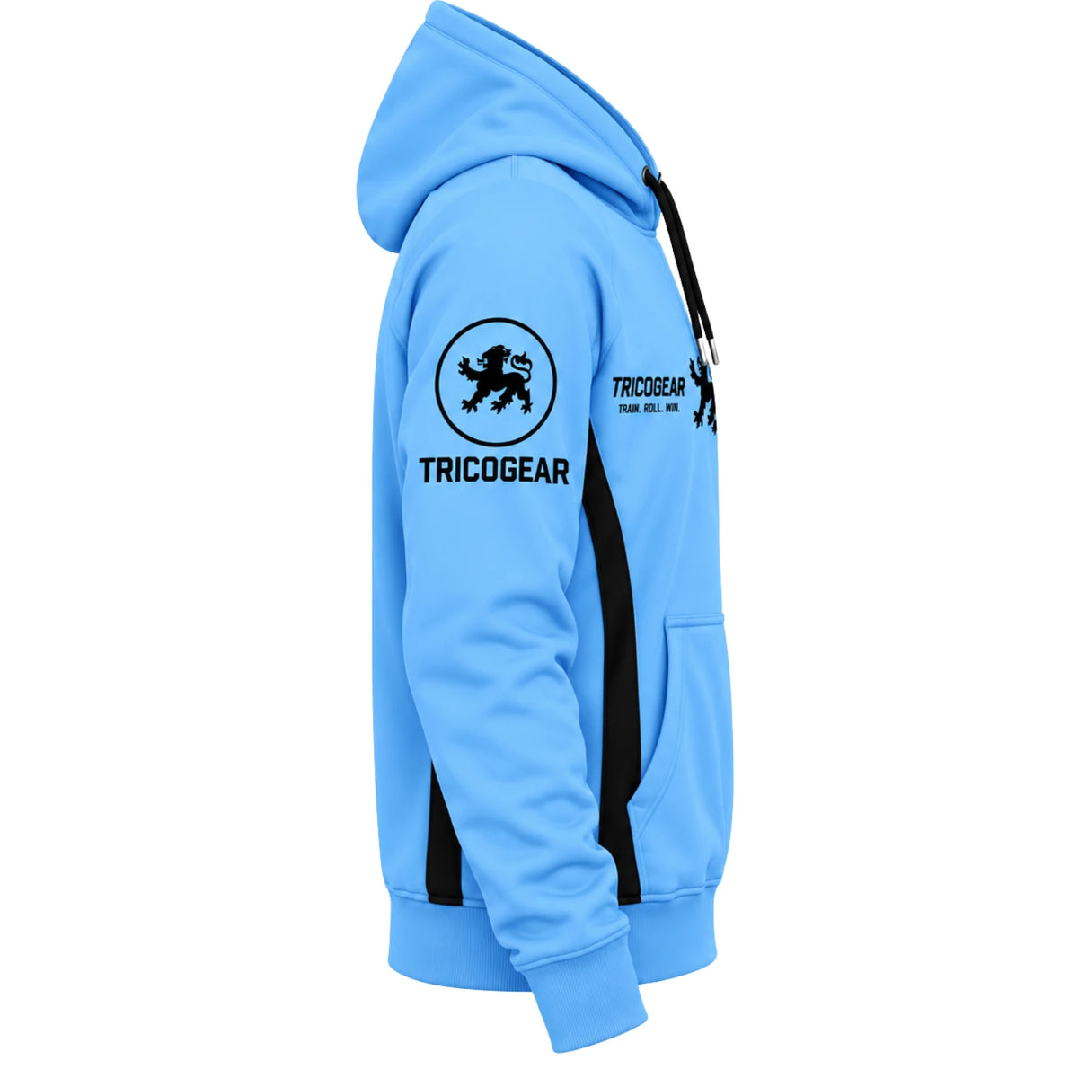 Tricogear TRO 31 blue black BJJ hoodie side view with black panel detailing