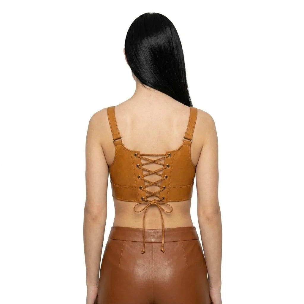 The Amber womens genuine cognac sheepskin leather bra top back lace-up closure antique brass eyelets by Trico Gear
