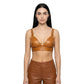 The Amber womens genuine cognac sheepskin leather bra top wide straps gold chain center detail by Trico Gear