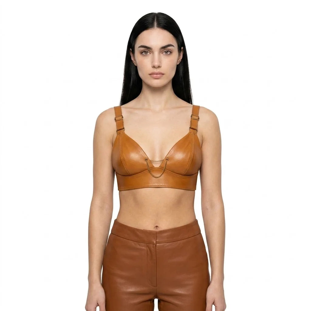 The Amber womens genuine cognac sheepskin leather bra top wide straps gold chain center detail by Trico Gear