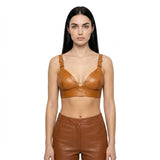 The Amber womens genuine cognac sheepskin leather bra top wide straps gold chain center detail by Trico Gear