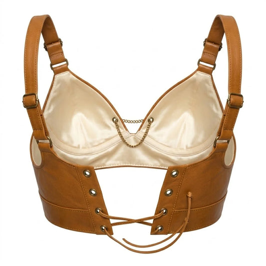The Amber womens cognac genuine leather bra top ghost mannequin inner cream satin lining brass eyelet detail by Trico Gear