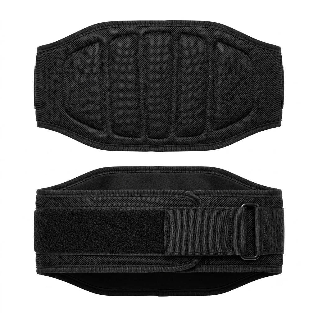The Apex black mesh weightlifting belt front and back view contoured lumbar support velcro closure by Trico Gear