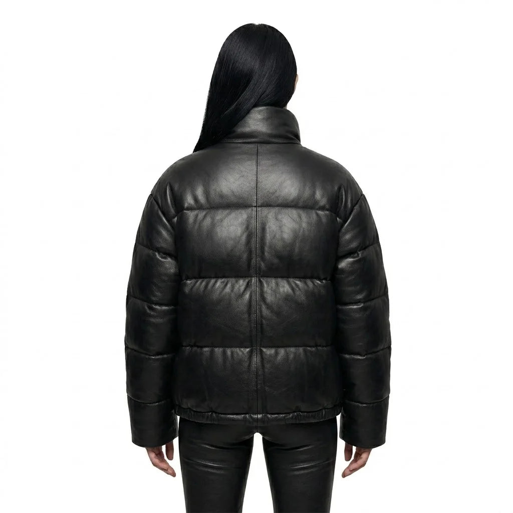 The Aspen womens genuine black cowhide leather puffer jacket back view quilted baffled channels by Trico Gear