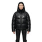 The Aspen womens genuine black cowhide leather puffer jacket front view quilted panels gunmetal zipper by Trico Gear