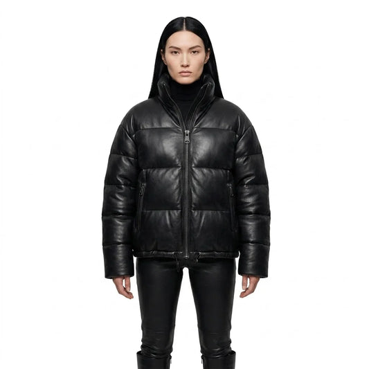The Aspen womens genuine black cowhide leather puffer jacket front view quilted panels gunmetal zipper by Trico Gear