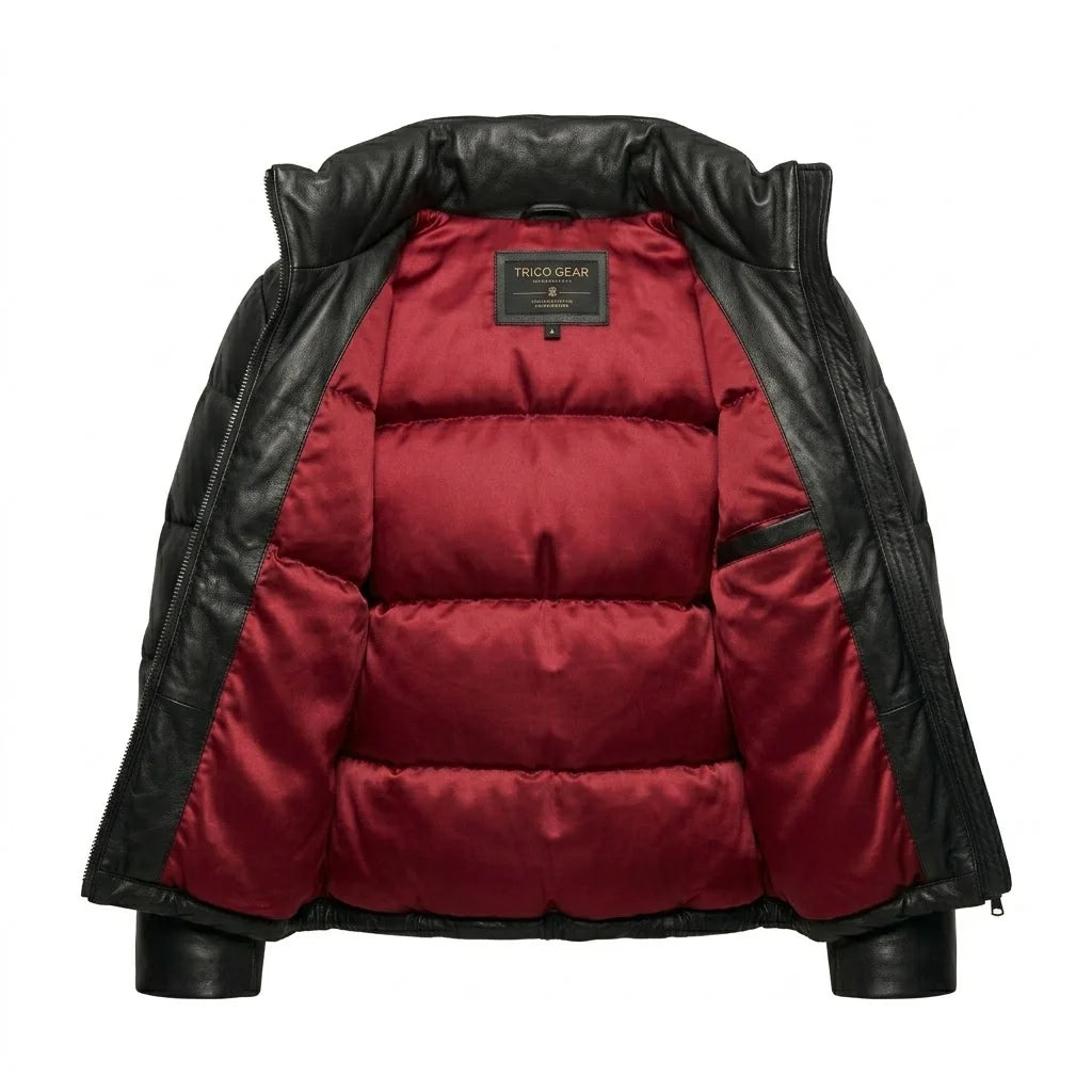 The Aspen womens black genuine leather puffer jacket open interior deep red satin lining by Trico Gear