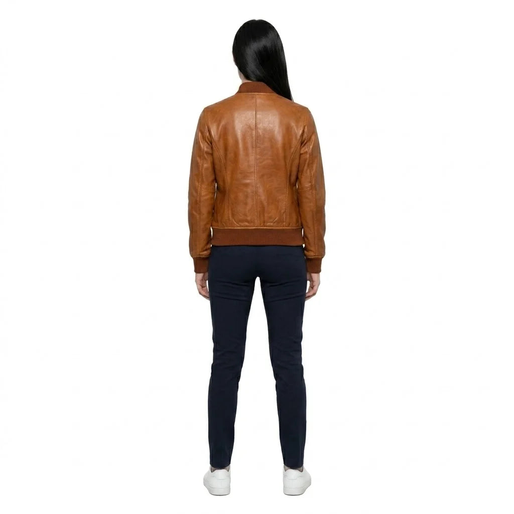 The Avery womens genuine brown cowhide leather bomber jacket back view ribbed hem cuffs and collar by Trico Gear