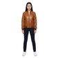 The Avery womens genuine cognac brown cowhide leather bomber jacket front ribbed trim antique brass zipper by Trico Gear