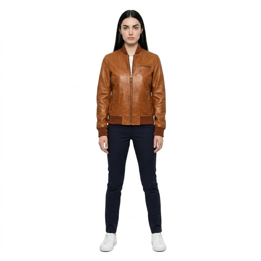 The Avery womens genuine cognac brown cowhide leather bomber jacket front ribbed trim antique brass zipper by Trico Gear