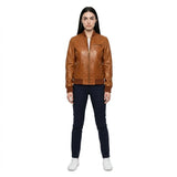 The Avery womens genuine cognac brown cowhide leather bomber jacket front ribbed trim antique brass zipper by Trico Gear