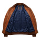 The Avery womens brown genuine leather bomber jacket inner deep navy blue satin lining detail by Trico Gear