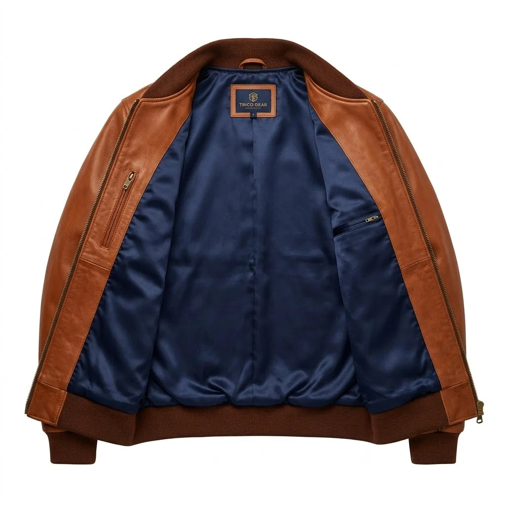 The Avery womens brown genuine leather bomber jacket inner deep navy blue satin lining detail by Trico Gear