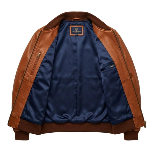 The Avery womens brown genuine leather bomber jacket inner deep navy blue satin lining detail by Trico Gear