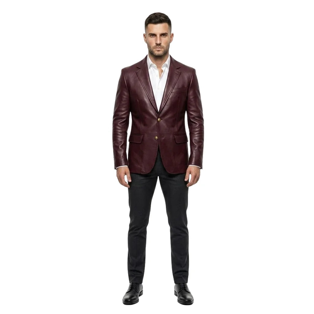 The Bordeaux mens genuine deep burgundy cowhide leather blazer front view slim tailored antique gold buttons