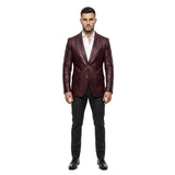 The Bordeaux mens genuine deep burgundy cowhide leather blazer front view slim tailored antique gold buttons