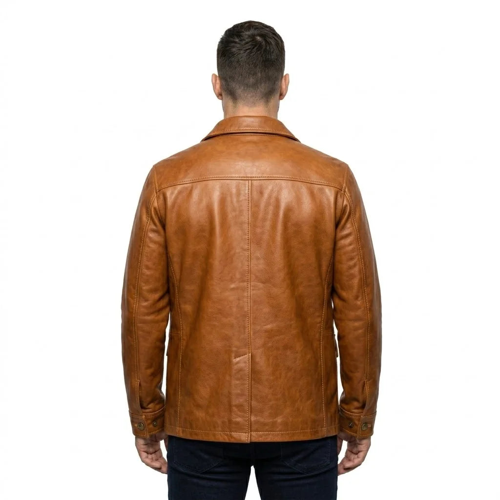 The Clifton mens genuine cognac cowhide leather overshirt back view yoke seam saddle stitching clean hem by Trico Gear