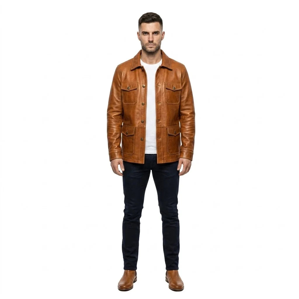 The Clifton mens genuine cognac cowhide leather overshirt front open view antique brass buttons patch pockets by Trico Gear