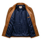 The Clifton mens cognac genuine leather overshirt ghost mannequin inner navy blue satin lining brass buttons by Trico Gear