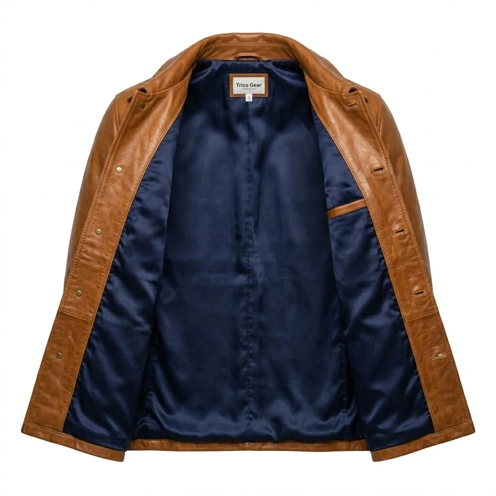 The Clifton mens cognac genuine leather overshirt ghost mannequin inner navy blue satin lining brass buttons by Trico Gear