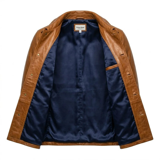The Clifton mens cognac genuine leather overshirt ghost mannequin inner navy blue satin lining brass buttons by Trico Gear