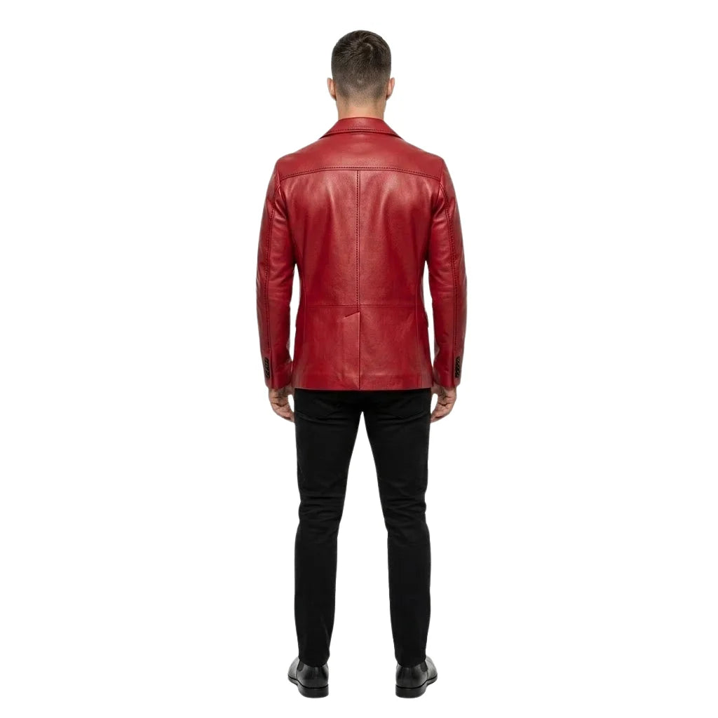 The Dante mens genuine cherry red cowhide leather blazer back view center vent and black stitching