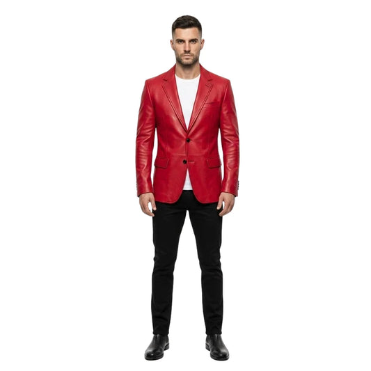 The Dante mens genuine cherry red cowhide leather blazer front view slim tailored black buttons
