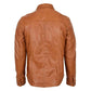 Back view of the classic trucker style mens brown leather shirt highlighting the straight horizontal shoulder yoke and structured vertical twin needle seams