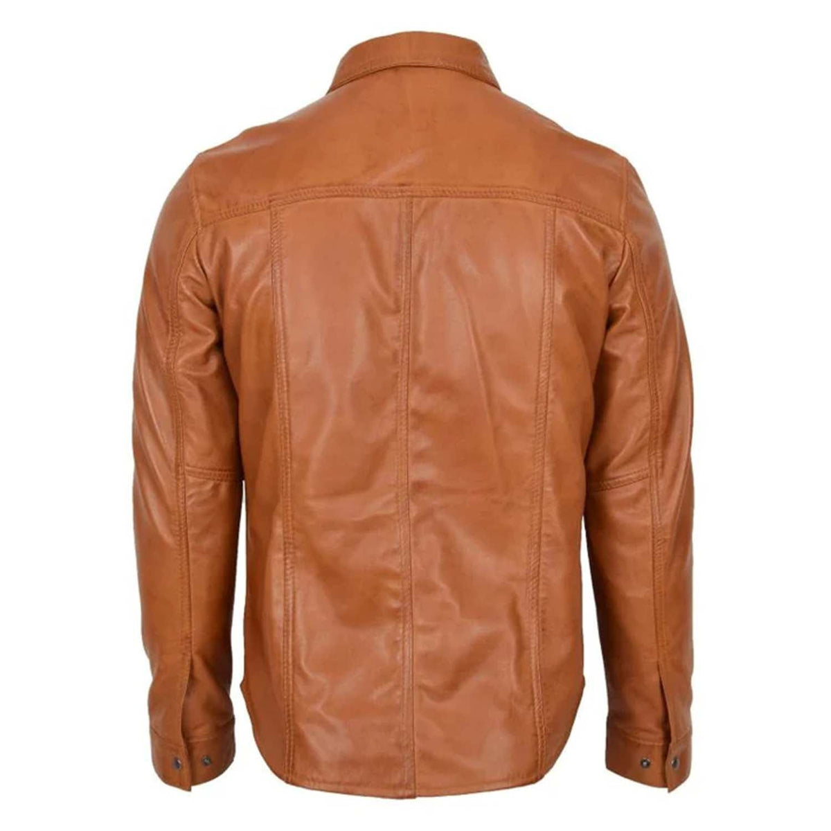 Back view of the classic trucker style mens brown leather shirt highlighting the straight horizontal shoulder yoke and structured vertical twin needle seams