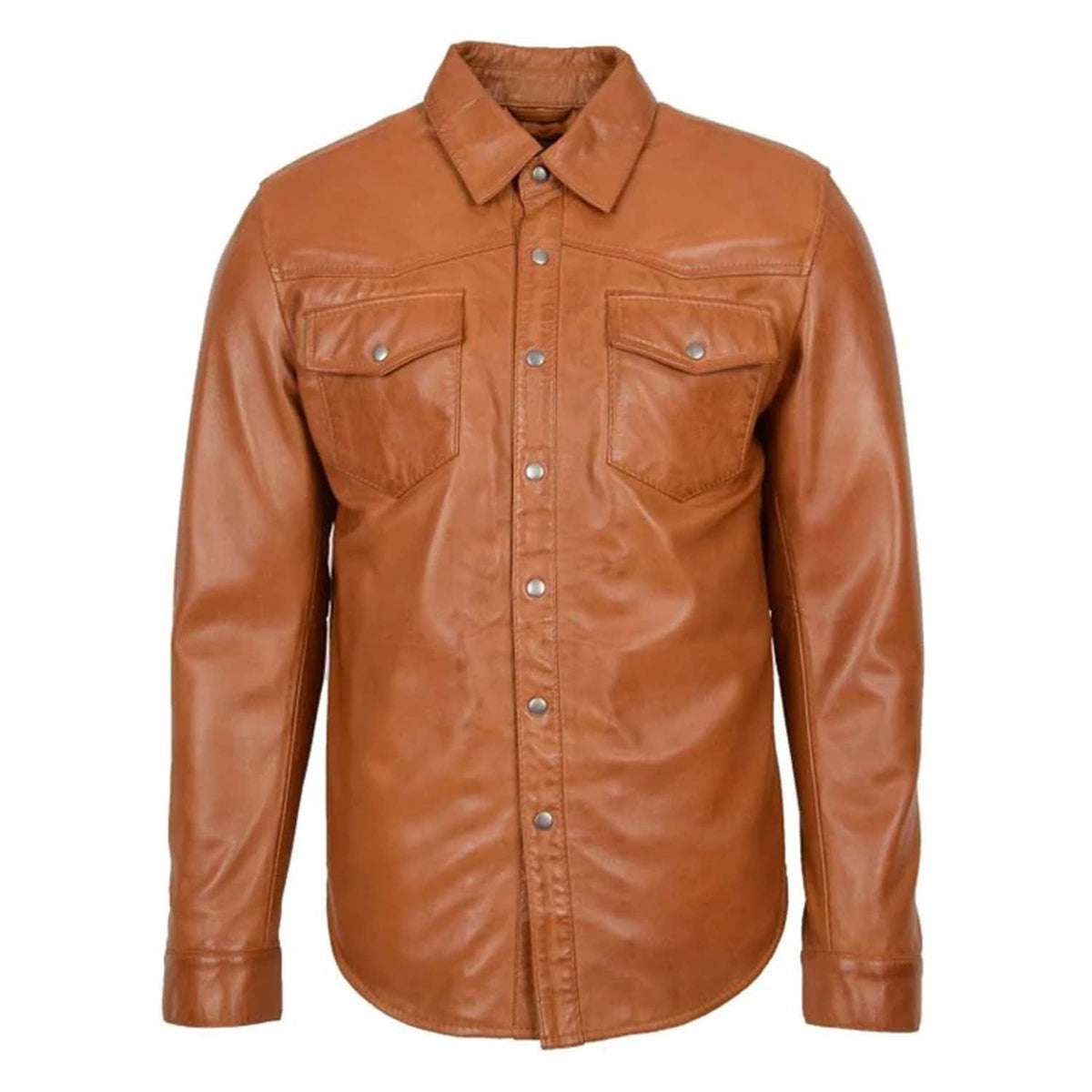 Front view of The Denver classic trucker style mens brown leather shirt featuring a traditional collar, metallic snap-button closure, and dual pointed flap chest pockets