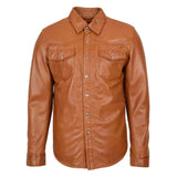 Front view of The Denver classic trucker style mens brown leather shirt featuring a traditional collar, metallic snap-button closure, and dual pointed flap chest pockets