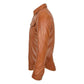 Side profile shot of the mens brown leather trucker jacket shirt showcasing the tailored sleeve structure, snap cuffs, and curved shirttail hemline