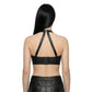 The Eclipse womens genuine black cowhide leather bra top back view silver hook closure halter straps by Trico Gear