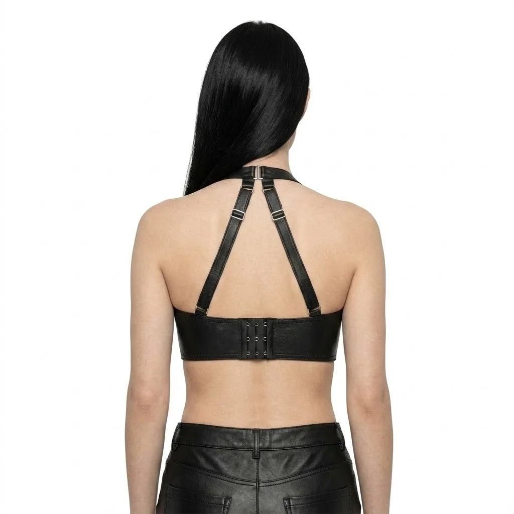 The Eclipse womens genuine black cowhide leather bra top back view silver hook closure halter straps by Trico Gear