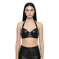 The Eclipse womens genuine black cowhide leather bra top halter neck silver O-ring center detail by Trico Gear