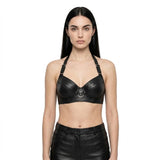 The Eclipse womens genuine black cowhide leather bra top halter neck silver O-ring center detail by Trico Gear