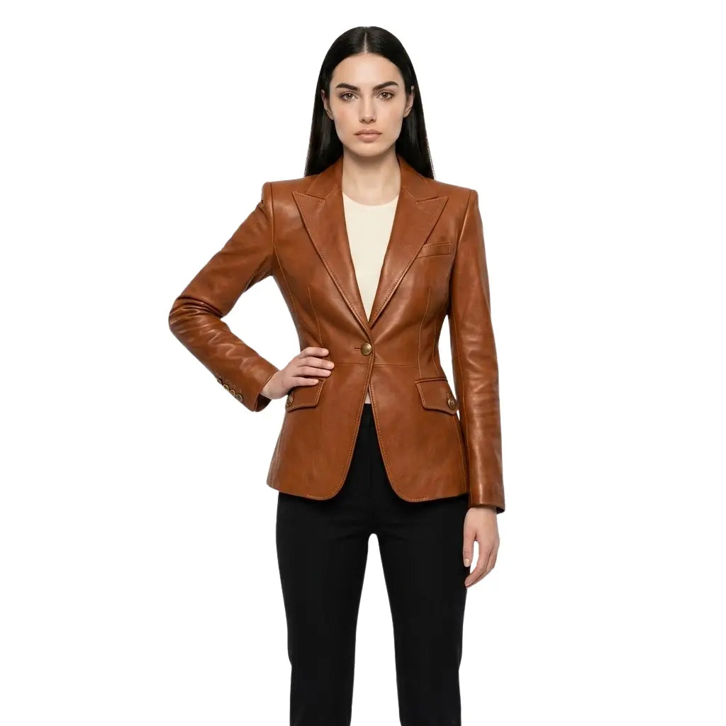 The Florence womens genuine cognac brown cowhide leather blazer front view peaked lapels antique gold button by Trico Gear