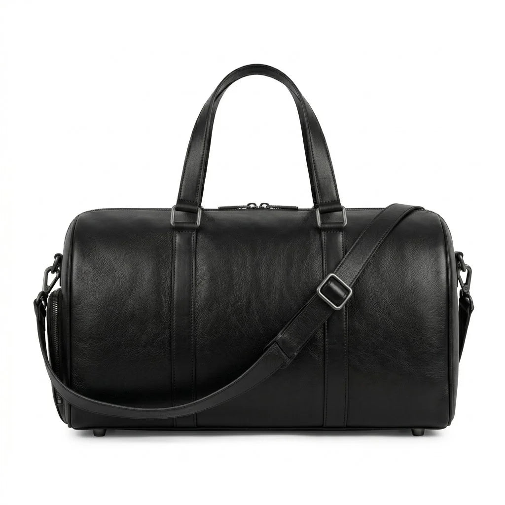 The Hawke genuine black cowhide leather duffle bag side profile view adjustable shoulder strap gunmetal hardware by Trico Gear