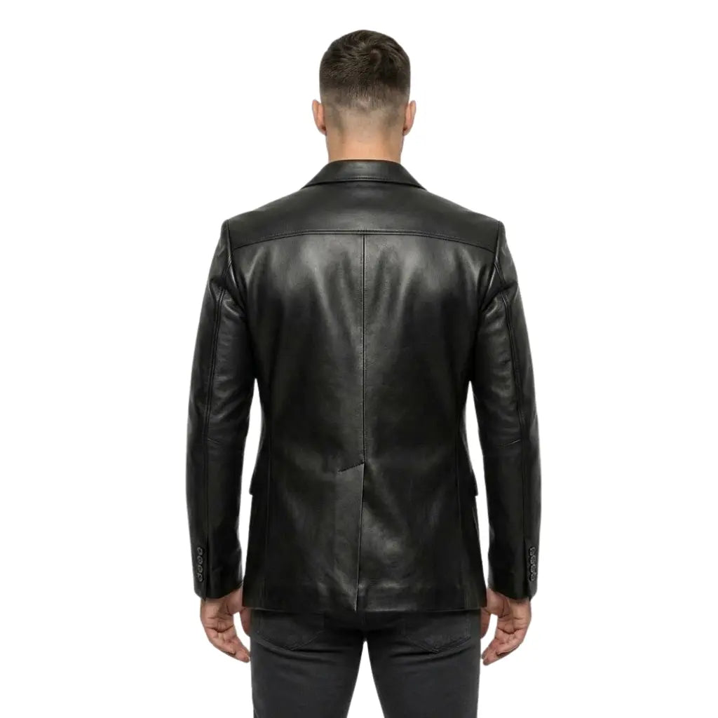 The Kensington mens genuine black cowhide leather blazer back view center vent and saddle stitching by Trico Gear
