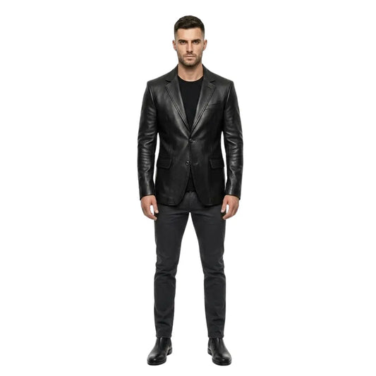 The Kensington mens genuine black cowhide leather blazer front view slim tailored two button by Trico Gear