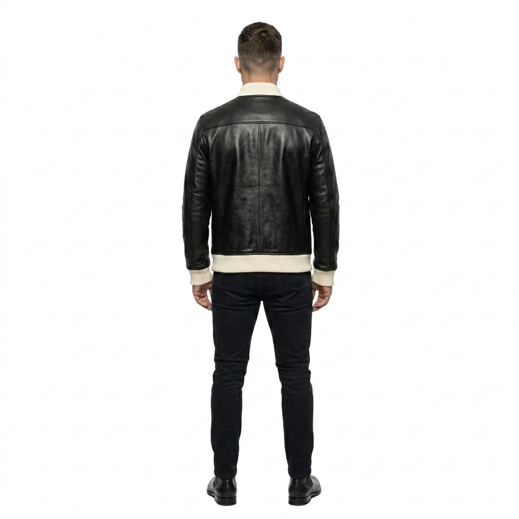 The Lennox mens genuine black cowhide leather varsity jacket back view cream ribbed hem cuffs and collar by Trico Gear