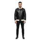 The Lennox mens genuine black cowhide leather varsity jacket front cream ribbed trim chrome snap buttons by Trico Gear