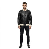 The Lennox mens genuine black cowhide leather varsity jacket front cream ribbed trim chrome snap buttons by Trico Gear