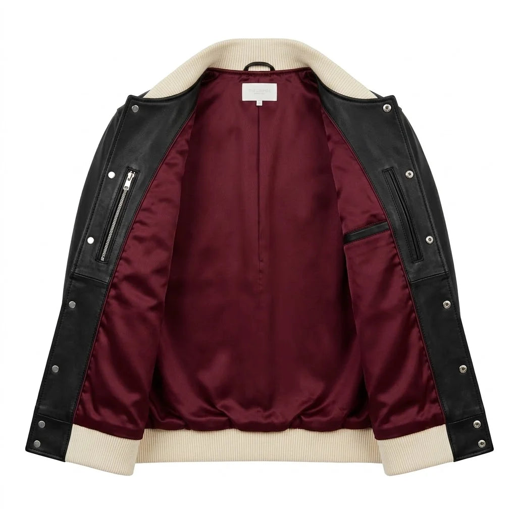 The Lennox mens black genuine leather varsity jacket inner burgundy wine satin lining ghost mannequin by Trico Gear